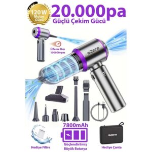 EZERE 7800 mAh Güçlendirilmiş Pil 20000pa Güçlü Portatif Vakumlu Kablosuz Üflemeli Mini Araç Süpürge